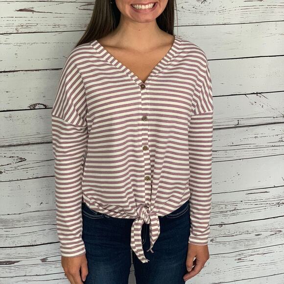 Pink White Stripe V-Neck Top Large NWT - Picture 2 of 3